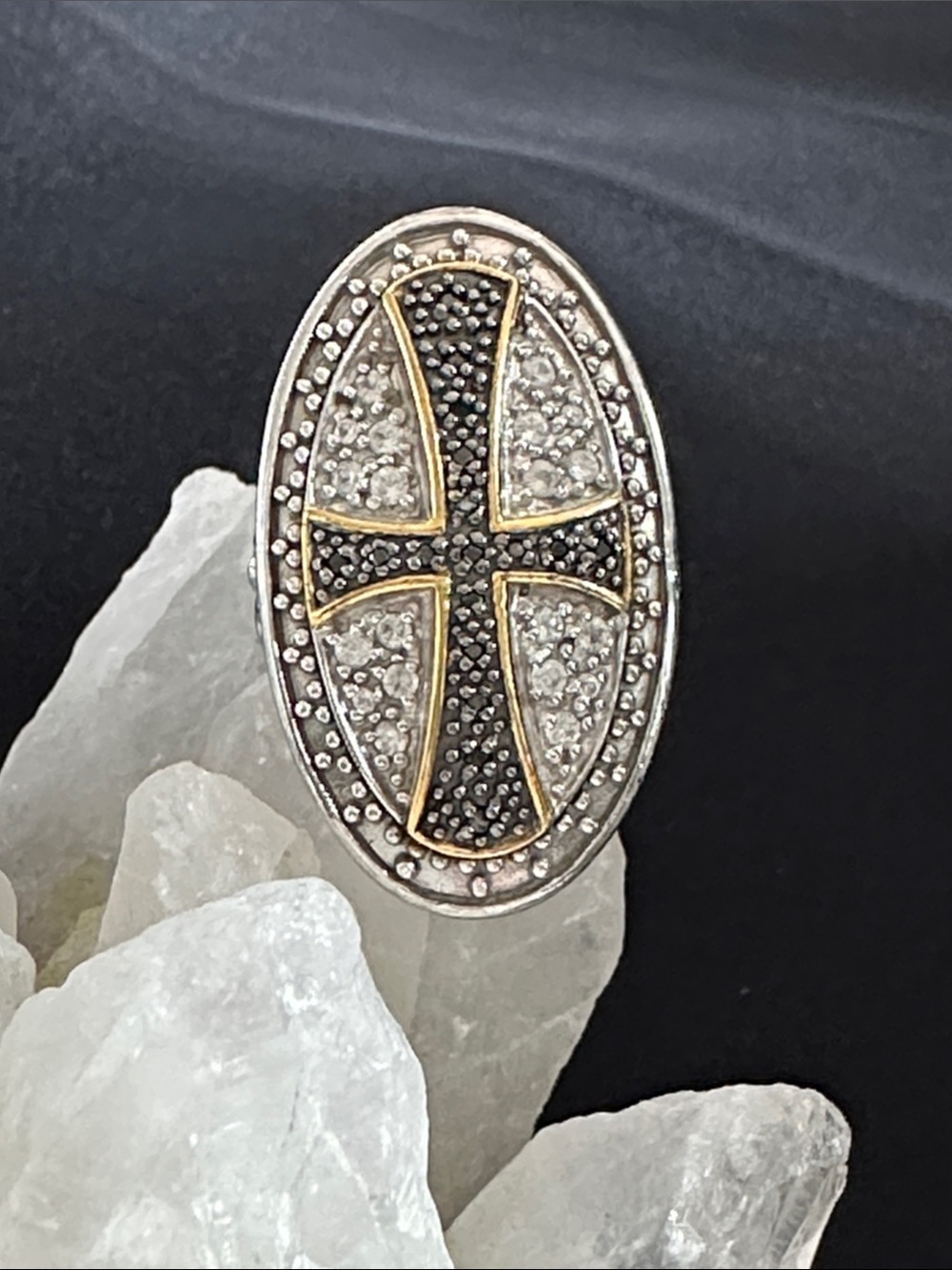 Black & white diamond GUC cross ring in 925 stamped sterling w/ gold overlay